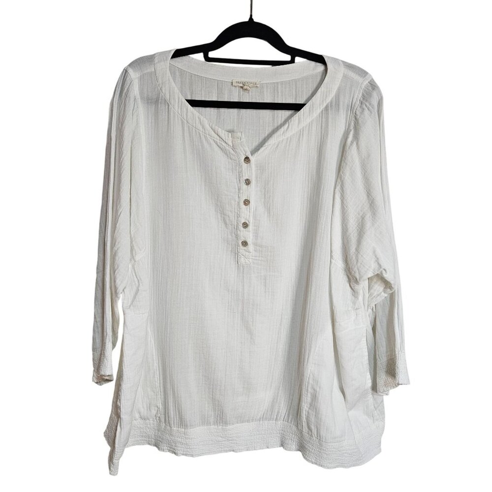Eileen Fisher Woman's White Organic Cotton Button-Front Blouse Top 3/4 Sleeve Si